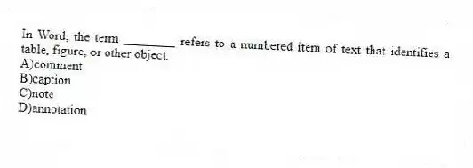 In Word, the term ________ refers to a numbered item of text that identifies a table, figure, or other object.
A)comment
B)caption
C)note
D)annotation