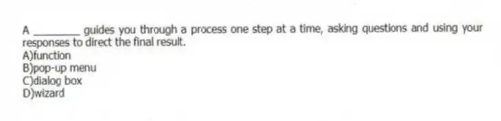 A ________ guides you through a process one step at a time, asking questions and using your responses to direct the final result.
A)function
B)pop-up menu
C)dialog box
D)wizard