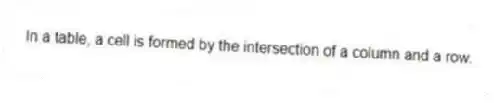 In a table, a cell is formed by the intersection of a column and a row.