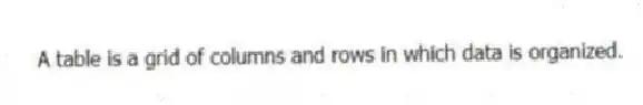 A table is a grid of columns and rows in which data is organized.