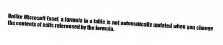 Unlike Microsoft Excel, a formula in a table is not automatically updated when you change the contents of cells referenced by the formula.