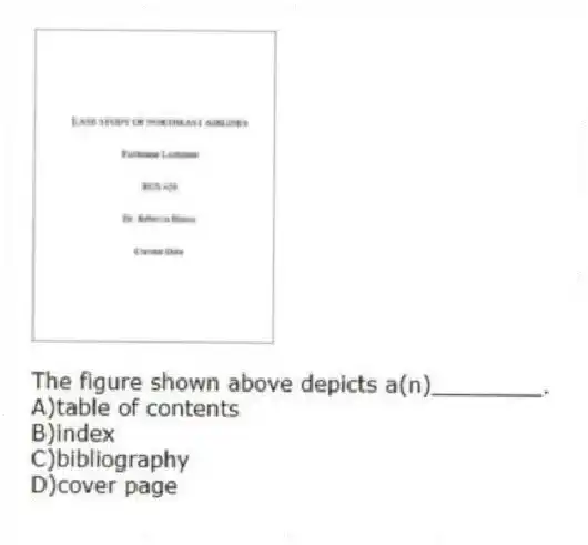 The figure shown above depicts a(n)________.
A)table of contents
B)index
C)bibliography
D)cover page