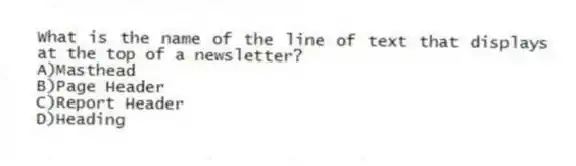 What is the name of the line of text that displays at the top of a newsletter?
A)Masthead
B)Page Header
C)Report Header
D)Heading