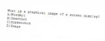 What is a graphical image of a screen display?
A)WordArt
B)SmartArt
C)Screenshot
D)Image