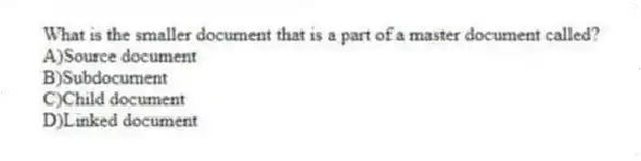 What is the smaller document that is a part of a master document called?
A)Source document
B)Subdocument
C)Child document
D)Linked document