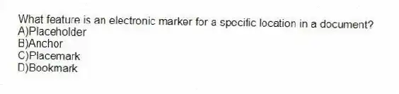 What feature is an electronic marker for a specific location in a document?
A)Placeholder
B)Anchor
C)Placemark
D)Bookmark