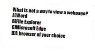 What is not a way to view a webpage?
A)Word
B)File Explorer
C)Microsoft Edge
D)A browser of your choice