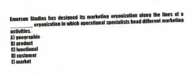 Emerson Studios has designed its marketing organization along the lines of a ________ organization in which operational specialists head different marketing activities.
A) geographic
B) product
C) functional
D) customer
E) market