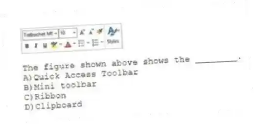 The figure shown above shows the ________.
A)Quick Access Toolbar
B)Mini toolbar
C)Ribbon
D)Clipboard