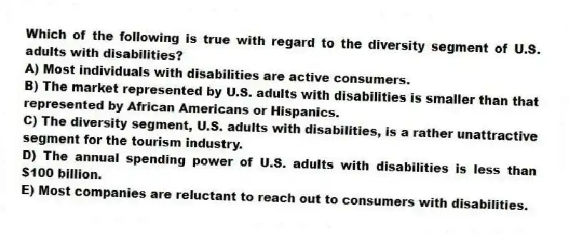 Which of the following is true with regard to the diversity segment of U.S. adults with disabilities?
A) Most individuals with disabilities are active consumers.
B) The market represented by U.S. adults with disabilities is smaller than that represented by African Americans or Hispanics.
C) The diversity segment, U.S. adults with disabilities, is a rather unattractive segment for the tourism industry.
D) The annual spending power of U.S. adults with disabilities is less than $100 billion.
E) Most companies are reluctant to reach out to consumers with disabilities.