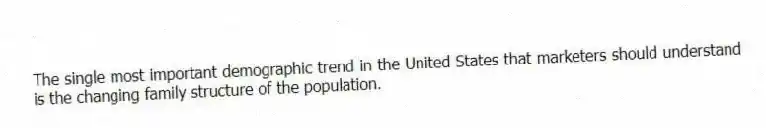 The single most important demographic trend in the United States that marketers should understand is the changing family structure of the population.