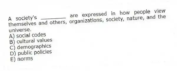 A society's ________ are expressed in how people view themselves and others, organizations, society, nature, and the universe.
A) social codes
B) cultural values
C) demographics
D) public policies
E) norms