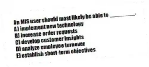An MIS user should most likely be able to ________.
A) implement new technology
B) increase order requests
C) develop customer insights
D) analyze employee turnover
E) establish short-term objectives