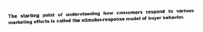 The starting point of understanding how consumers respond to various marketing efforts is called the stimulus-response model of buyer behavior.