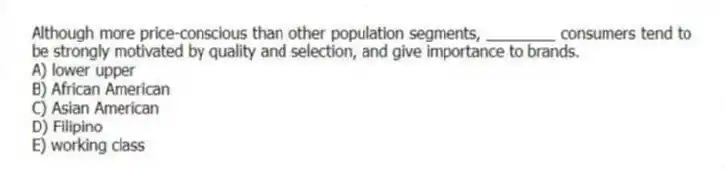 Although more price-conscious than other population segments, ________ consumers tend to be strongly motivated by quality and selection, and give importance to brands.
A) lower upper
B) African American
C) Asian American
D) Filipino
E) working class