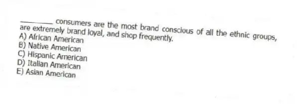 ________ consumers are the most brand conscious of all the ethnic groups, are extremely brand loyal, and shop frequently.
A) African American
B) Native American
C) Hispanic American
D) Italian American
E) Asian American