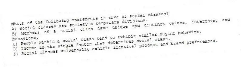 Which of the following statements is true of social classes?
A) Social classes are society's temporary divisions.
B) Members of a social class have unique and distinct values, interests, and behaviors.
C) People within a social class tend to exhibit similar buying behavior.
D) Income is the single factor that determines social class.
E) Social classes universally exhibit identical product and brand preferences.