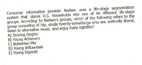 Consumer information provider Nielsen uses a life-stage segmentation system that places U.S. households into one of 66 different life-stage groups. According to Nielsen's groups, which of the following refers to the group consisting of hip, single twenty-somethings who are politically liberal, listen to alternative music, and enjoy lively nightlife?
A) Striving Singles
B) Young Achievers
C) Bohemian Mix
D) Young Influentials
E) Young Digerati