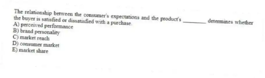The relationship between the consumer's expectations and the product's ________ determines whether the buyer is satisfied or dissatisfied with a purchase.
A) perceived performance
B) brand personality
C) market reach
D) consumer market
E) market share