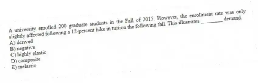 A university enrolled 200 graduate students in the Fall of 2015. However, the enrollment rate was only slightly affected following a 12-percent hike in tuition the following fall. This illustrates ________ demand.
A) derived
B) negative
C) highly elastic
D) composite
E) inelastic