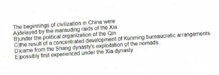 The beginnings of civilization in China were
A)delayed by the marauding raids of the Xia.
B)under the political organization of the Qin.
C)the result of a concentrated development of Kunming bureaucratic arrangements.
D)came from the Shang dynasty's exploitation of the nomads.
E)possibly first experienced under the Xia dynasty.