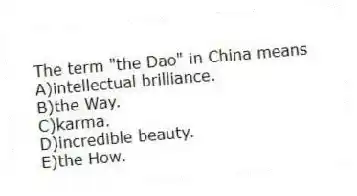 The term "the Dao" in China means
A)intellectual brilliance.
B)the Way.
C)karma.
D)incredible beauty.
E)the How.