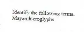 Identify the following terms.
-Mayan hieroglyphs