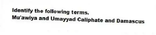 Identify the following terms.
-Mu'awiya and Umayyad Caliphate and Damascus
