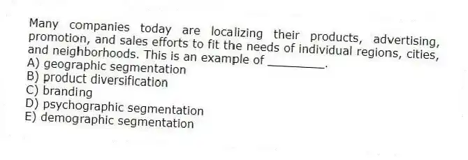 Many companies today are localizing their products, advertising, promotion, and sales efforts to fit the needs of individual regions, cities, and neighborhoods. This is an example of ________.
A) geographic segmentation
B) product diversification
C) branding
D) psychographic segmentation
E) demographic segmentation