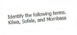 Identify the following terms.
-Kilwa, Sofala, and Mombasa