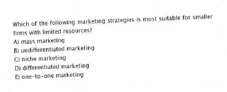 Which of the following marketing strategies is most suitable for smaller firms with limited resources?
A) mass marketing
B) undifferentiated marketing
C) niche marketing
D) differentiated marketing
E) one-to-one marketing