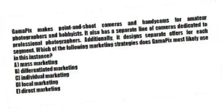 GamaPix makes point-and-shoot cameras and handycams for amateur photographers and hobbyists. It also has a separate line of cameras dedicated to professional photographers. Additionally, it designs separate offers for each segment. Which of the following marketing strategies does GamaPix most likely use in this instance?
A) mass marketing
B) differentiated marketing
C) individual marketing
D) local marketing
E) direct marketing