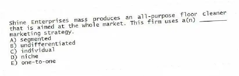 Shine Enterprises mass produces an all-purpose floor cleaner that is aimed at the whole market. This firm uses a(n) ________ marketing strategy.
A) segmented
B) undifferentiated
C) individual
D) niche
E) one-to-one