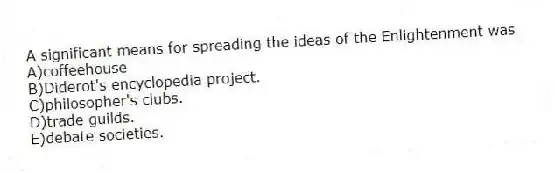A significant means for spreading the ideas of the Enlightenment was
A)coffeehouse
B)Diderot's encyclopedia project.
C)philosopher's clubs.
D)trade guilds.
E)debate societies.
