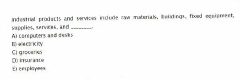 Industrial products and services include raw materials, buildings, fixed equipment, supplies, services, and ________.
A) computers and desks
B) electricity
C) groceries
D) insurance
E) employees