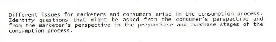 Different issues for marketers and consumers arise in the consumption process. Identify questions that might be asked from the consumer's perspective and from the marketer's perspective in the prepurchase and purchase stages of the consumption process.