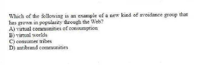 Which of the following is an example of a new kind of avoidance group that has grown in popularity through the Web?
A) virtual communities of consumption
B) virtual worlds
C) consumer tribes
D) antibrand communities