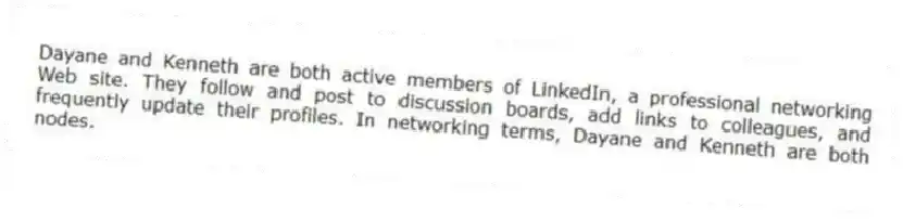 Dayane and Kenneth are both active members of LinkedIn, a professional networking Web site. They follow and post to discussion boards, add links to colleagues, and frequently update their profiles. In networking terms, Dayane and Kenneth are both nodes.