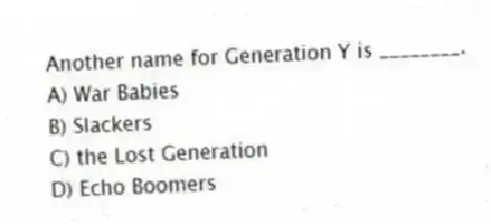 Another name for Generation Y is ________.
A) War Babies
B) Slackers
C) the Lost Generation
D) Echo Boomers