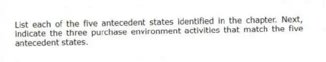 List each of the five antecedent states identified in the chapter. Next, indicate the three purchase environment activities that match the five antecedent states.