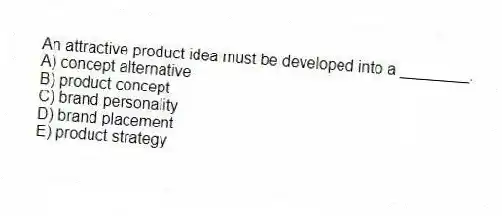 An attractive product idea must be developed into a ________.
A) concept alternative
B) product concept
C) brand personality
D) brand placement
E) product strategy