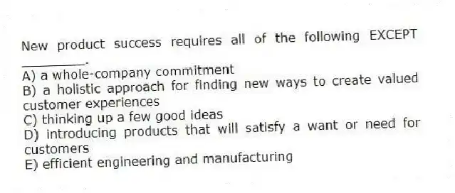 New product success requires all of the following EXCEPT ________.
A) a whole-company commitment
B) a holistic approach for finding new ways to create valued customer experiences
C) thinking up a few good ideas
D) introducing products that will satisfy a want or need for customers
E) efficient engineering and manufacturing