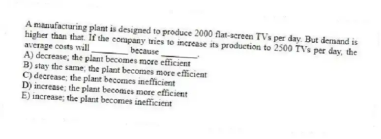 A manufacturing plant is designed to produce 2000 flat-screen TVs per day. But demand is higher than that. If the company tries to increase its production to 2500 TVs per day, the average costs will ________ because ________.
A) decrease; the plant becomes more efficient
B) stay the same; the plant becomes more efficient
C) decrease; the plant becomes inefficient
D) increase; the plant becomes more efficient
E) increase; the plant becomes inefficient