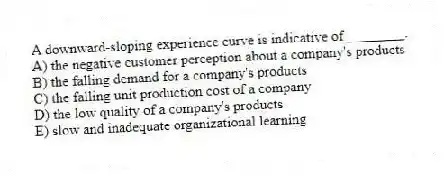 A downward-sloping experience curve is indicative of ________.
A) the negative customer perception about a company's products
B) the falling demand for a company's products
C) the falling unit production cost of a company
D) the low quality of a company's products
E) slow and inadequate organizational learning