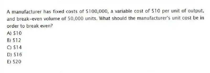 A manufacturer has fixed costs of $100,000, a variable cost of $10 per unit of output, and break-even volume of 50,000 units. What should the manufacturer's unit cost be in order to break even?
A) $10
B) $12
C) $14
D) $16
E) $20