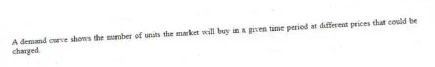 A demand curve shows the number of units the market will buy in a given time period at different prices that could be charged.