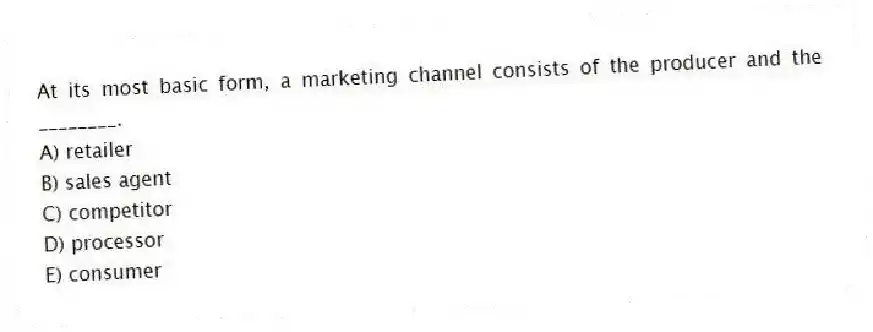 At its most basic form, a marketing channel consists of the producer and the ________.
A) retailer
B) sales agent
C) competitor
D) processor
E) consumer
