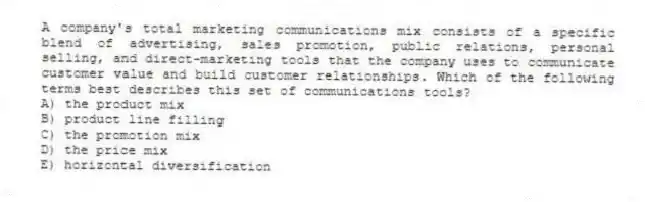 A company's total marketing communications mix consists of a specific blend of advertising, sales promotion, public relations, personal selling, and direct-marketing tools that the company uses to communicate customer value and build customer relationships. Which of the following terms best describes this set of communications tools?
A) the product mix
B) product line filling
C) the promotion mix
D) the price mix
E) horizontal diversification