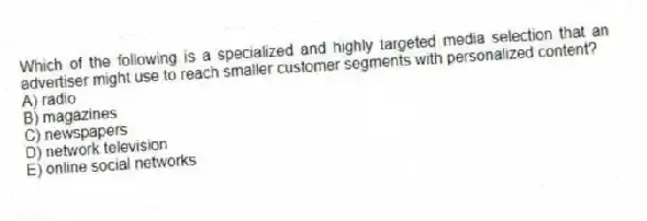 Which of the following is a specialized and highly targeted media selection that an advertiser might use to reach smaller customer segments with personalized content?
A) radio
B) magazines
C) newspapers
D) network television
E) online social networks