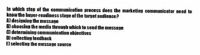 In which step of the communication process does the marketing communicator need to know the buyer-readiness stage of the target audience?
A) designing the message
B) choosing the media through which to send the message
C) determining communication objectives
D) collecting feedback
E) selecting the message source